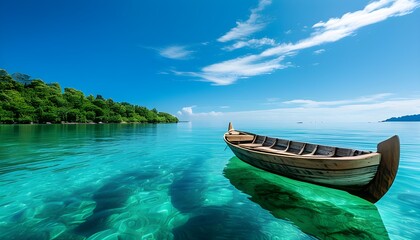 Tranquil wooden boat drifting on crystal-clear turquoise waters beside a lush green island beneath a vibrant blue sky