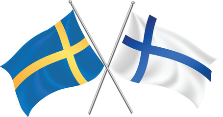 Sweden and Finland flag on stick crossed. Vector icon flat design. Finland and Sweden crossed flags. Finnish and Swedish flags on white background. Vector icon set. Vector illustration