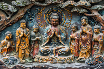 Obraz premium A group of statues of monks sitting around a small pond.