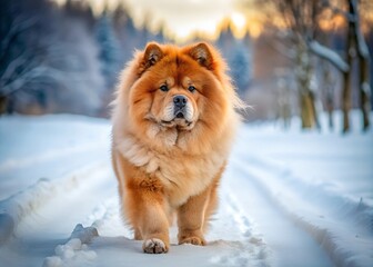 Chow chow dog walking gracefully through a serene snowy landscape at sunset, exuding warmth and confidence

