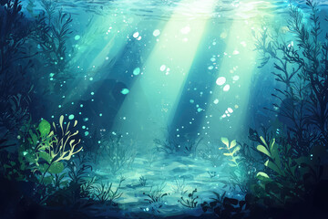 Fototapeta premium Underwater scene with soft light beams illuminating aquatic plants and bubbles