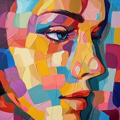 Obraz premium Cubist collage with a human face and various geometric shards. Artwork. The painting is abstract and has many different colors. Illustration for cover, card, postcard, interior design, decor or print.