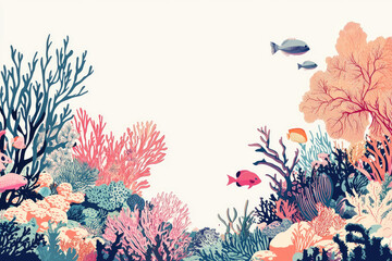 Naklejka premium Vibrant sea creatures and corals create lively underwater scene