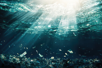 Obraz premium Underwater scene with floating debris and sunlight filtering through