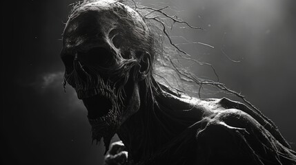 A scary monster in the dark from the afterlife. An undead creature stares out of the darkness.