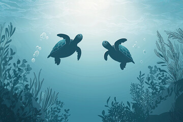 Naklejka premium Swimming turtles glide through calm waters, surrounded by serene aquatic plants