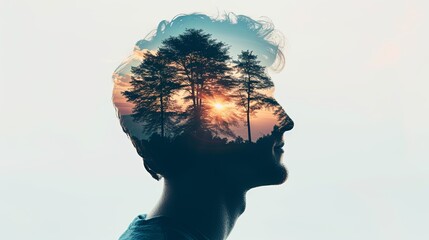Double exposure combines face and forest. The concept of the unity of nature and man. The vitality of the human soul in nature illustration. Illustration for cover, card, interior design, poster, etc