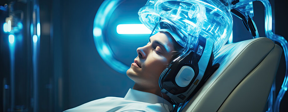 Man undergoing brain scan with scanning helmet in research lab in tomograph
