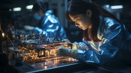 Scientists collaborate on spacecraft design in a high-tech laboratory setting during evening hours