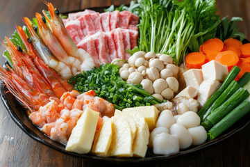 A beautifully arranged platter of nabe, featuring fresh seafood and vegetables, evokes sense of warmth and comfort