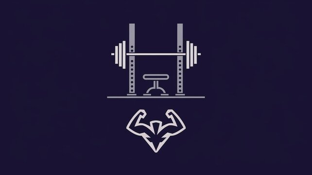 A poster displaying a gym setup with a weight bench and a barbell, Weight bench and squat rack ensemble, minimalist logo