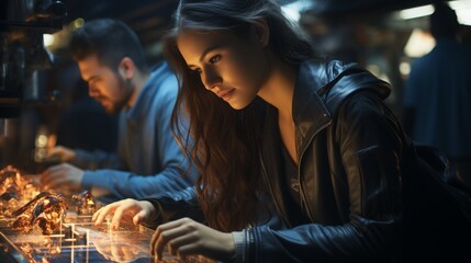 Engineers develop innovative spacecraft control systems in a high-tech lab environment