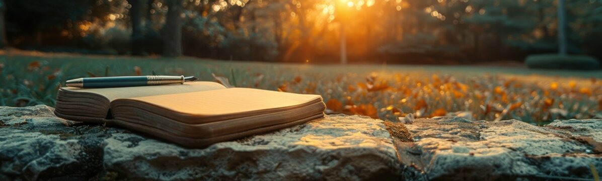Book and pen on a rock in the sun