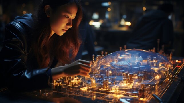 Engineers collaborating on holographic blueprints for design in a high-tech workshop at night