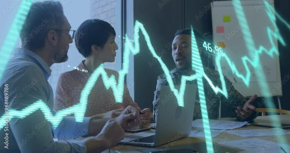 Poster Animation of financial data processing over diverse colleagues discussing work in office