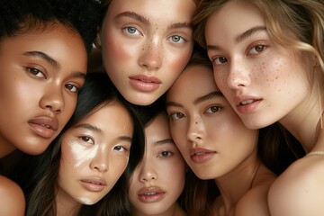 Obraz premium Four women with different skin tones and hair styles are shown in a row,