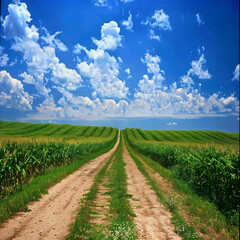 Obraz premium Dirt road through maize green field under blue sky