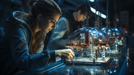 Scientists collaborating on spacecraft design in a high-tech lab during an evening session