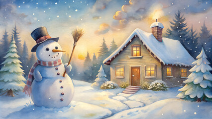 Obraz premium Snowman with broom in winter landscape near cozy cottage with smoke from chimney at sunset
