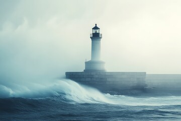 A tall lighthouse shrouded in mist as waves crash against the seaside, exuding a sense of mystery and fortitude amidst the challenges posed by nature's elements.