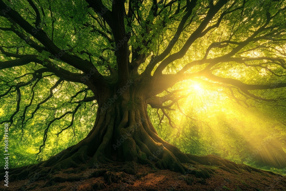 Poster stunning sunbeams pierce the dense foliage of a sprawling tree in a lush forest, creating a breathta