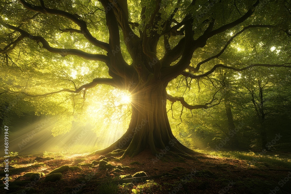 Poster The sun's rays break through the canopy of an immense, ancient tree, casting a warm glow and creating a serene, magical atmosphere in the tranquil forest setting.