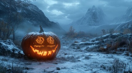 Carved Pumpkin Glowing in a Snowy Mountain Valley