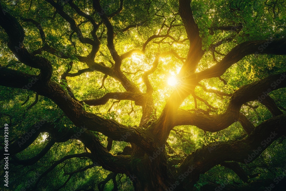 Poster Interwoven branches of a massive tree stream sunlight through their complex structure, casting an ethereal glow and creating a tranquil scene in the verdant woods.