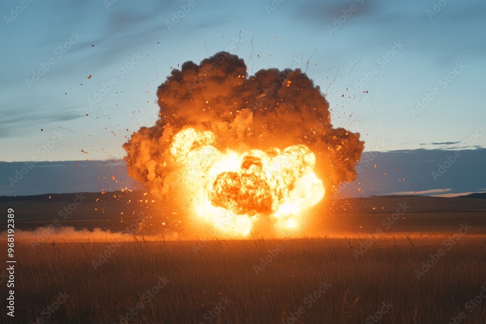 Aufkleber A massive, fiery explosion engulfs an open field with a dramatic display of flames and smoke during dusk, creating a powerful and intense visual spectacle. The scene evokes shock and awe.