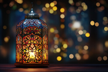 Ornate arabic lantern with a candle burning brightly inside, set against a backdrop of sparkling bokeh lights