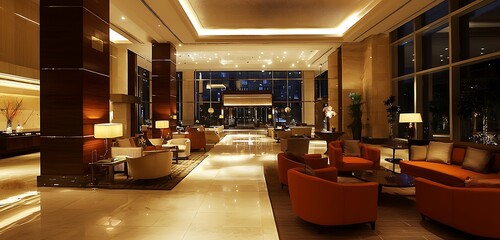 A brightly lit hotel lobby at night with contemporary and elegant furnishings.