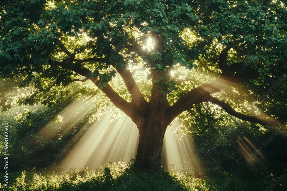 Aufkleber a large, majestic tree with thick branches and lush leaves, bathed in warm sunlight filtering throug