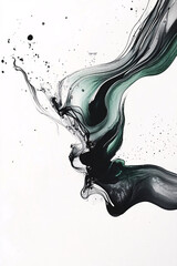An abstract fluid painting with black and dark green flowing swirls and splashes on a white background, creating a dynamic and minimalist composition