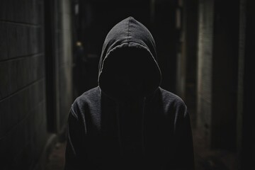 A person concealed in a dark hoodie stands in a dimly lit alley, evoking mystery and intrigue, surrounded by shadowy walls and minimal light in an urban setting.