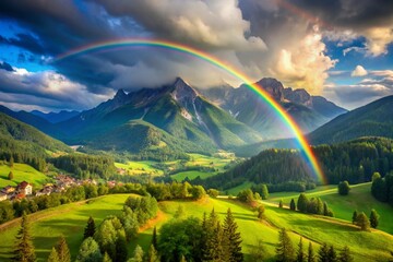 Obraz premium Landscape nature mountan in Alps with rainbow. 