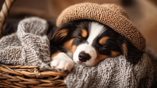 a sleepy border collie puppy cuddled up in a basket of warm blankets, wearing a knitted hat