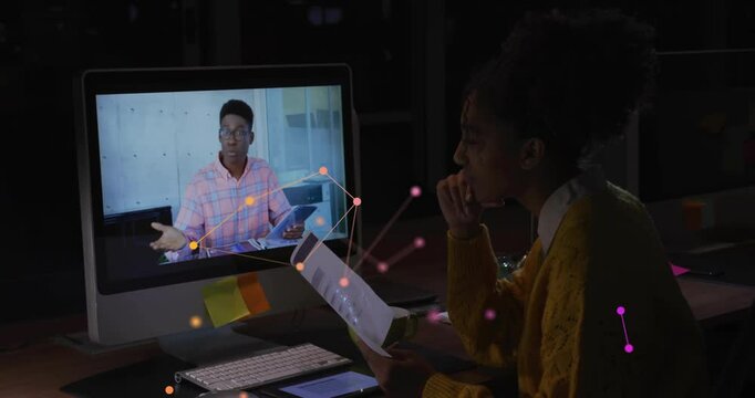 Animation of network of conncetions over diverse colleagues having viedo call in office
