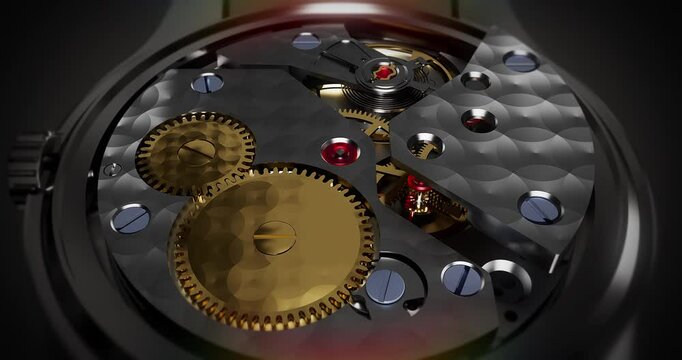 Close-Up Animation of Automatic Watch Movement with Glass Back Cover. Close Up Macro Shot. Luxury Watch Related 3D Animation.