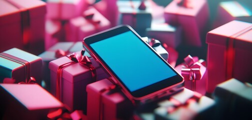 A smartphone rests on a pile of colorful gift boxes, symbolizing technology and celebration. Perfect for holiday or marketing themes.