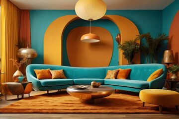 Obraz premium Modern living room, home interior design with comfortable sofa and plants, walls, cozy carpet, and coffee table. Generative AI.