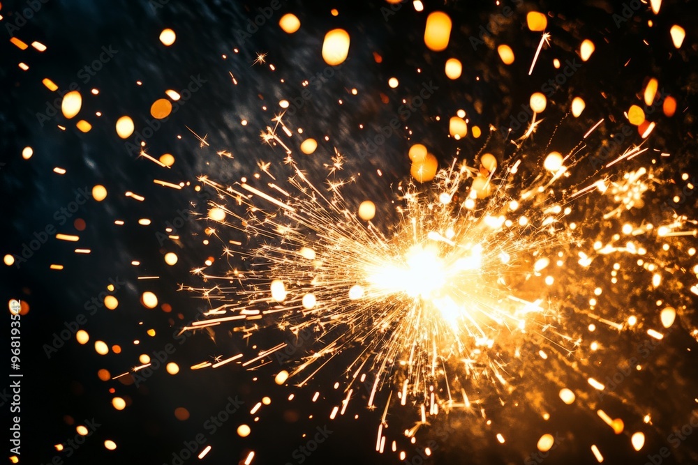 Aufkleber an explosion of bright orange and yellow sparks illuminates the dark backdrop, creating a vivid and 