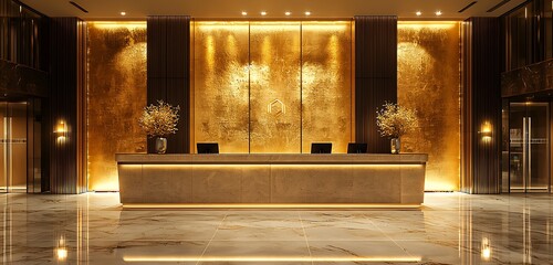 Decorative golden accents at a luxury hotel reception desk.