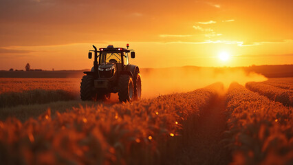 Fototapeta premium Tractor in Field at Sunset