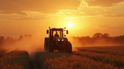 Fototapeta premium Tractor in Field at Sunset