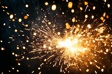 An explosion of bright orange and yellow sparks illuminates the dark backdrop, creating a vivid and dynamic display of light and energy, capturing intense motion.