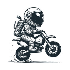 Obraz premium Cute astronaut riding motor bike. Black white vector. Icon and logo illustration.