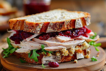 Turkey sandwich with stuffing and cranberry sauce. Freshly made from Thanksgiving or Christmas turkey leftovers on crusty wholemeal bread.