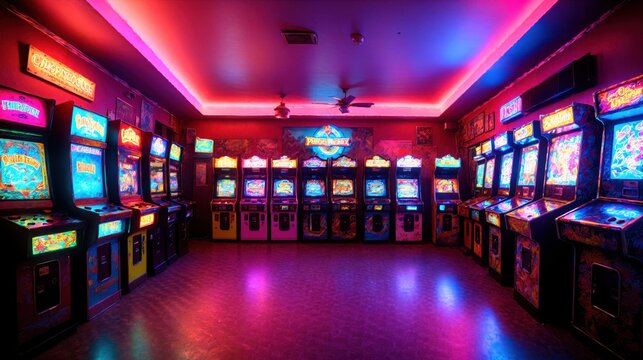 Generative AI, A vibrant, neon-lit arcade filled with vintage gaming machines, evoking a nostalgic and lively atmosphere of retro entertainment and gaming culture