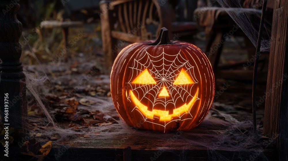 Poster illuminated jack-o'-lantern with spiderweb design on a wooden surface with cobwebs