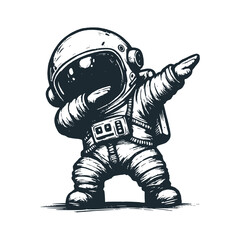 Cute astronaut with dabbing gesture pose. Black white vector. Icon and logo illustration.
